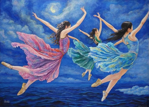 ballerinas,dancers,girl ballet,arabesque,fairies aloft,leap for joy,sirens,mermaids,dance performance,oil painting on canvas,flying birds,synchronized swimming,dancer,dance,dance with canvases,khokhloma painting,jump river,oil painting,the wind from the sea,flamenco,Illustration,Japanese style,Japanese Style 18