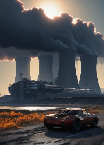 cooling towers,lignite power plant,powerplant,power plant,nuclear power plant,tesla roadster,futuristic landscape,industrial landscape,nuclear power,atomic age,industries,refinery,emissions,porsche 718,the pollution,thermal power plant,carbon footprint,steam machines,coal-fired power station,cooling tower,Conceptual Art,Daily,Daily 27