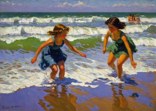 two girls,young swimmers,people on beach,oil painting,walk on the beach,beach goers,little girls walking,beach landscape,swimming people,children girls,lido di ostia,beach walk,oil painting on canvas,carol colman,sea beach,surfers,playa francesca,young women,swimmers,beaches,Illustration,Retro,Retro 14