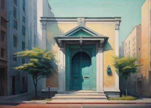 blue door,blue doors,church painting,doorway,facade painting,neoclassical,door,archway,church door,gateway,athens art school,city gate,the threshold of the house,the door,front door,riad,metallic door,doors,old door,narrow street,Illustration,Realistic Fantasy,Realistic Fantasy 15