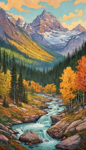 salt meadow landscape,fall landscape,mountain scene,mountain landscape,autumn mountains,autumn landscape,river landscape,oil painting on canvas,mountainous landscape,mountain river,landscape background,cascades,oil on canvas,oil painting,mountain stream,mountain valley,flowing creek,nature landscape,the landscape of the mountains,vail,Illustration,Abstract Fantasy,Abstract Fantasy 11
