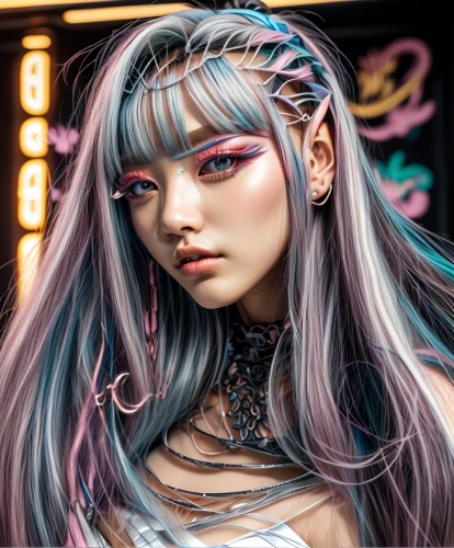 harajuku,realdoll,artist doll,violet head elf,fantasy portrait,3d fantasy,doll's facial features,fashion doll,cyberpunk,neon body painting,painter doll,anime girl,libra,fantasy art,zodiac sign libra,fashion dolls,elven,fantasy girl,porcelain doll,designer dolls