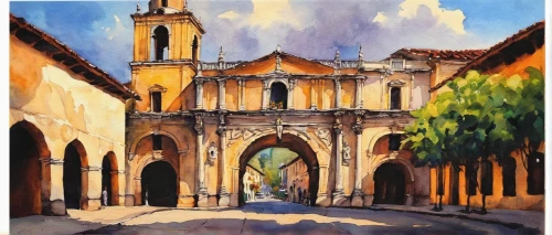 church painting,antigua guatemala,santa barbara,nicaraguan cordoba,duomo,el arco,santiago di cuba,cathedral,santo domingo,queretaro,notre dame de sénanque,évora,seville,palo alto,san paolo,cordoba,trinidad church cuba,watercolor painting,the church of the mercede,sao bento,Illustration,American Style,American Style 04