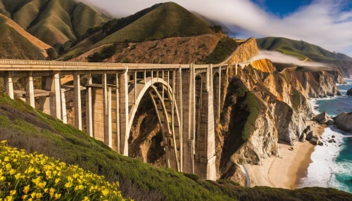 bixby bridge,bixby creek bridge,pacific coast highway,highway 1,rainbow bridge,golden bridge,pacific coastline,united states national park,scenic bridge,golden gate,spit bridge,goldengatebridge,scripps pier,the golden gate bridge,highway bridge,california,the valley of flowers,coastal road,golden gate bridge,tied-arch bridge,Illustration,American Style,American Style 05