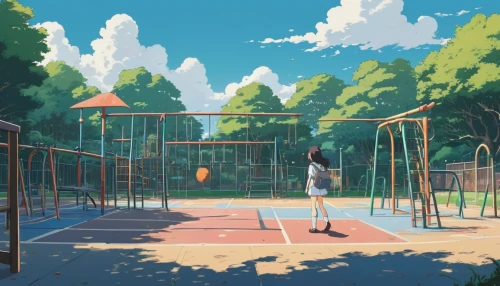 playground,play yard,empty swing,child in park,swing set,basketball court,children's playground,park,play area,tennis court,wooden swing,recess,playmat,summer day,background vector,playset,game illustration,children's background,baseball diamond,soft tennis,Illustration,Japanese style,Japanese Style 06