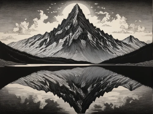 mountains,moutains,three peaks,escher,mountain,peaks,mountainlake,high mountains,mountainous landforms,mountain lake,giant mountains,mountain peak,mountain ranges,mirror water,mountain world,virtual landscape,the spirit of the mountains,reflection of the surface of the water,cloud mountain,mountainous landscape,Illustration,Black and White,Black and White 09