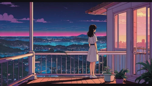 summer evening,evening atmosphere,house silhouette,overlook,dream world,the horizon,atmosphere,scenery,aesthetic,honolulu,studio ghibli,would a background,dream,in the evening,bedroom window,dreamland,dusk,romantic scene,ocean view,sky apartment,Illustration,Japanese style,Japanese Style 06