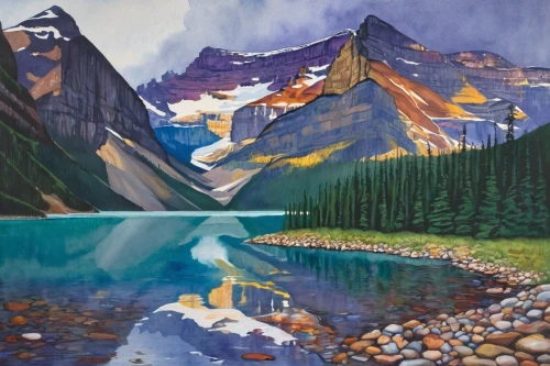 bow lake,banff,mount robson,lake louise,alberta,banff alberta,icefields parkway,banff national park,canadian rockies,lake moraine,icefield parkway,bow river,maligne lake,dove lake,mountain scene,lake minnewanka,swiftcurrent lake,moraine lake,mountain landscape,salt meadow landscape,Illustration,American Style,American Style 05