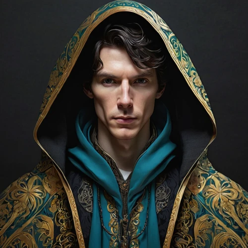 benedict,benedict herb,male elf,lokportrait,sherlock,hooded man,imperial coat,benedictine,sherlock holmes,cloak,hooded,matador,overcoat,lord who rings,merlin,the abbot of olib,regal,middle eastern monk,old coat,tudor,Illustration,Abstract Fantasy,Abstract Fantasy 04