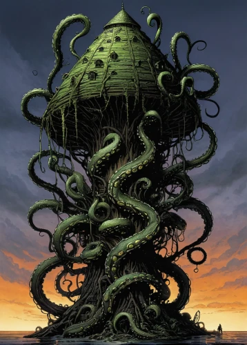 mushroom island,kraken,tower of babel,tentacle,the vessel,apiarium,medusa gorgon,nautilus,medusa,strange tree,tentacles,tree house,sea fantasy,cnidaria,diving bell,celtic tree,sci fiction illustration,artificial island,synapse,panopticon,Illustration,American Style,American Style 02