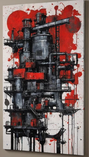 industrial landscape,refinery,oil rig,industrial,industrial plant,oil platform,chemical plant,industrial ruin,oil tank,industry,concrete plant,heavy water factory,oil industry,factory ship,factories,drillship,shipyard,silo,industries,industrial area,Illustration,Paper based,Paper Based 07