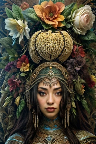 asian costume,girl in a wreath,headdress,indian bride,iranian nowruz,inner mongolian beauty,indian headdress,wreath of flowers,headpiece,jaya,pachamama,kokoshnik,novruz,ancient costume,radha,indian woman,indonesian women,the hat of the woman,golden wreath,warrior woman