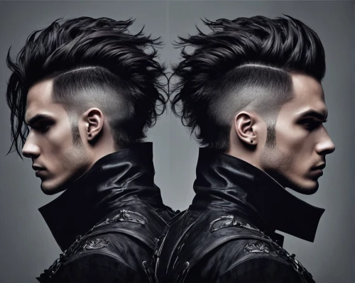 mohawk hairstyle,pompadour,mohawk,punk design,asymmetric cut,gothic style,hairstyles,spikes,edit icon,quiff,split personality,gothic portrait,duality,goths,hairstyle,feathered hair,streampunk,symmetric,punk,gothic,Conceptual Art,Fantasy,Fantasy 34