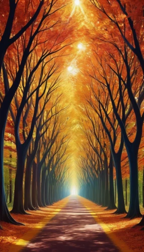 autumn background,autumn forest,forest road,tree-lined avenue,tree lined path,tree lined lane,autumn scenery,autumn landscape,autumn trees,maple road,deciduous forest,autumn walk,fall landscape,tree grove,autumn theme,the trees in the fall,the autumn,forest path,light of autumn,tree lined,Illustration,Realistic Fantasy,Realistic Fantasy 39