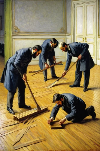 parquet,épée,sweeping,cleaning service,workers,croquet,brooms,rope skipping,meticulous painting,housekeeping,carom billiards,together cleaning the house,curling,traditional sport,painting technique,carpenter,english billiards,battling ropes,labors,janitor,Art,Classical Oil Painting,Classical Oil Painting 27