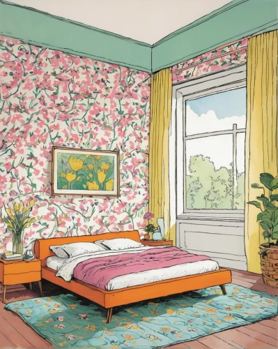 bedroom,the little girl's room,children's bedroom,danish room,guest room,guestroom,room,flower blanket,corner flowers,floral pattern,floral composition,vintage floral,flower wall en,bedroom window,flower fabric,sleeping room,japanese floral background,painting pattern,yellow wallpaper,japanese-style room,Illustration,Children,Children 02