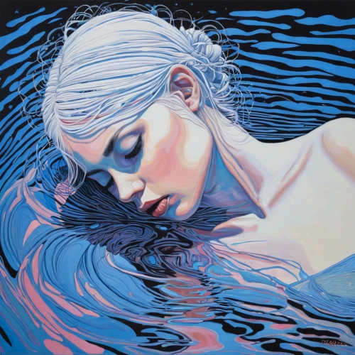 the blonde in the river,water nymph,siren,immersed,submerged,blue painting,submerge,drowning,water-the sword lily,blue waters,water rose,swimmer,oil painting on canvas,in water,flotation,deep blue,rusalka,watery heart,blue water,under the water,Illustration,Black and White,Black and White 21
