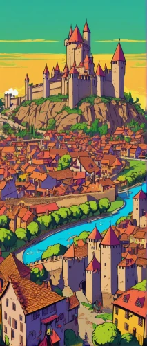 medieval town,meteora,colorful city,transylvania,french digital background,dordogne,new castle,transilvania,knight village,spa town,town,aurora village,lyon,castel,medieval castle,high rhône valley,grand bleu de gascogne,rhone,city walls,fantasy city,Illustration,Vector,Vector 19