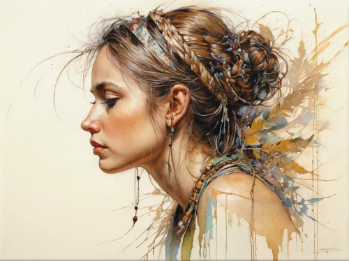 oil painting on canvas,boho art,art painting,mystical portrait of a girl,fineart,oil painting,woman thinking,girl portrait,young woman,mary-gold,italian painter,cloves schwindl inge,carol m highsmith,portrait of a girl,selanee henderon,watercolor women accessory,gold leaf,kahila garland-lily,painted lady,alex andersee,Illustration,Paper based,Paper Based 13