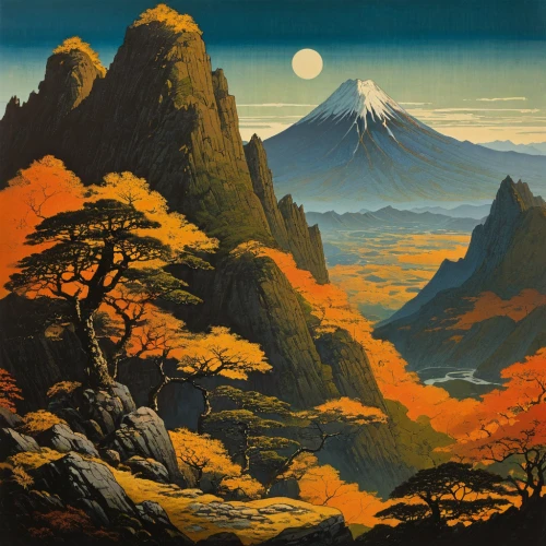 japanese mountains,japan landscape,mountain scene,mountain landscape,mountainous landscape,autumn mountains,volcanic landscape,japanese alps,yellow mountains,mount scenery,cool woodblock images,fuji,japanese art,fuji mountain,autumn landscape,mountain world,the landscape of the mountains,travel poster,high landscape,oriental painting,Conceptual Art,Sci-Fi,Sci-Fi 17