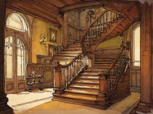 staircase,winding staircase,outside staircase,wooden stairs,circular staircase,stairway,stairwell,stair,wooden stair railing,stone stairway,stairs,stone stairs,spiral staircase,woodwork,brownstone,banister,house drawing,the threshold of the house,hallway,entrance hall,Illustration,Children,Children 04