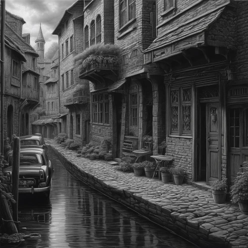 old linden alley,the cobbled streets,cobblestone,cobblestones,cobbles,canals,blind alley,medieval street,york,black city,townscape,canal,digital compositing,grand canal,constantinople,cobble,narrow street,bruges,world digital painting,alley,Illustration,Realistic Fantasy,Realistic Fantasy 27