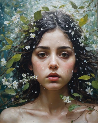 girl in flowers,mystical portrait of a girl,girl in the garden,girl with tree,kahila garland-lily,girl in a wreath,falling flowers,fantasy portrait,oil painting on canvas,jasmine blossom,dryad,jasmin-solanum,girl picking flowers,oil painting,white blossom,girl portrait,young woman,portrait of a girl,linden blossom,natura,Conceptual Art,Oil color,Oil Color 05