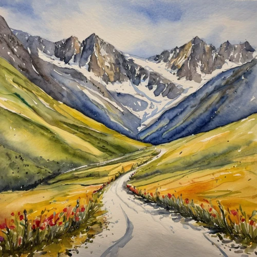 the pamir highway,denali national park,the pamir mountains,salt meadow landscape,alpine route,autumn mountains,mountain pass,mountain road,watercolor background,alpine drive,mountain highway,bernina pass,mountain scene,mountain landscape,mountain meadow,alpine meadow,pamir,central tien shan,telluride,denali,Illustration,Paper based,Paper Based 24