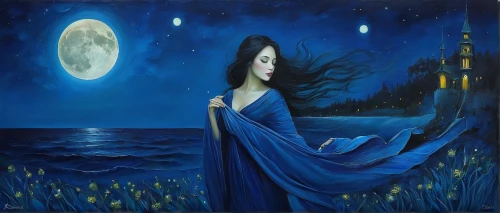 blue moon,blue moon rose,moonlit night,blue enchantress,moon phase,moonbeam,moonlit,the girl in nightie,the night of kupala,moon night,hanging moon,fantasy picture,fantasy art,sea night,oil painting on canvas,the sea maid,mystical portrait of a girl,blue sea,carol colman,blue painting,Illustration,Abstract Fantasy,Abstract Fantasy 17