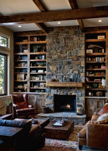 fire place,bookshelves,fireplaces,fireplace,family room,wooden beams,book wall,log home,the cabin in the mountains,reading room,alpine style,bookcase,rustic,sitting room,interior design,great room,log cabin,livingroom,living room,warm and cozy,Conceptual Art,Fantasy,Fantasy 14