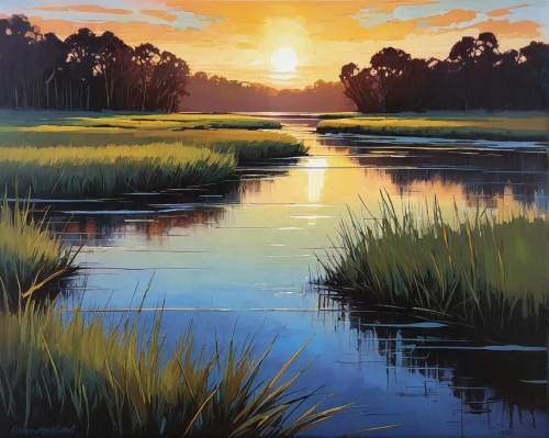 freshwater marsh,tidal marsh,river landscape,wetlands,marsh,salt marsh,alligator alley,salt meadow landscape,wetland,bayou,carol colman,oil painting on canvas,ricefield,swampy landscape,oil painting,backwater,brook landscape,evening lake,coastal landscape,oxbow lake,Illustration,Realistic Fantasy,Realistic Fantasy 36