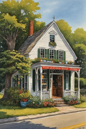 new england style house,martha's vineyard,cape cod,flower shop,kennebunkport,country cottage,watercolor cafe,summer cottage,watercolor shops,red hen,new england,house painting,marthas vineyard,tearoom,old colonial house,maine,clover hill tavern,cottage,watercolor tea shop,general store,Illustration,Children,Children 02