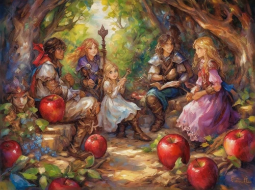 girl picking apples,basket of apples,apple orchard,cart of apples,apple harvest,children's fairy tale,fairytale characters,fae,orchard,apples,a fairy tale,fairies,apple tree,fantasy picture,apple mountain,acerola family,apple picking,fairy tale,fairy forest,fairy tales,Conceptual Art,Fantasy,Fantasy 31