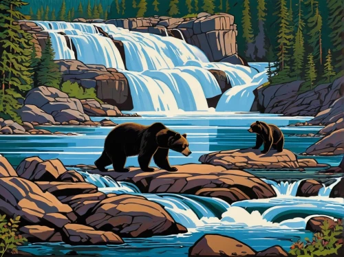 brown bears,black bears,brown waterfall,the bears,united states national park,grizzlies,bears,cascades,bow falls,mountain stream,alaska,ilse falls,national park,ice bears,american black bear,water falls,jasper national park,water fall,waterfalls,british columbia,Illustration,American Style,American Style 05