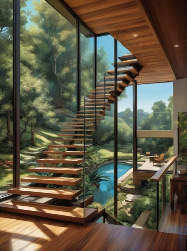 the cabin in the mountains,house in the mountains,house in mountains,home landscape,glass wall,beautiful home,wooden stairs,house in the forest,tree house,crib,summer house,wooden windows,roof landscape,outside staircase,chalet,hillside,luxury property,house by the water,wooden house,stairs,Conceptual Art,Oil color,Oil Color 04