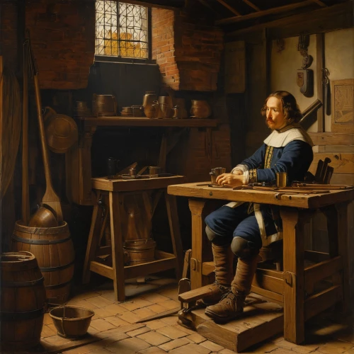 tinsmith,blacksmith,a carpenter,watchmaker,winemaker,man with a computer,leonardo devinci,gunsmith,candlemaker,tudor,clockmaker,metalsmith,woodworker,shoemaker,shoemaking,merchant,meticulous painting,artisan,james sowerby,craftsmen,Art,Classical Oil Painting,Classical Oil Painting 41