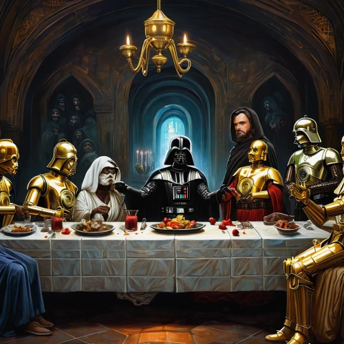 last supper,holy supper,family dinner,dinner party,romantic dinner,feast,breakfast table,exclusive banquet,dining,c-3po,thanksgiving dinner,round table,imperial,starwars,christmas dinner,cg artwork,family gathering,star wars,fine dining restaurant,fine dining,Illustration,Paper based,Paper Based 04