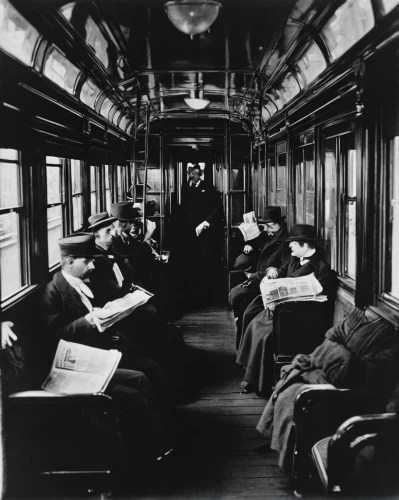 bus from 1903,man first bus 1916,compartment,first bus 1916,passenger car,unit compartment car,train compartment,passenger cars,people reading newspaper,men sitting,the interior of the,the vehicle interior,early train,open-plan car,trolley train,regional train,service car,mobile devices,seating,train way,Photography,Black and white photography,Black and White Photography 15