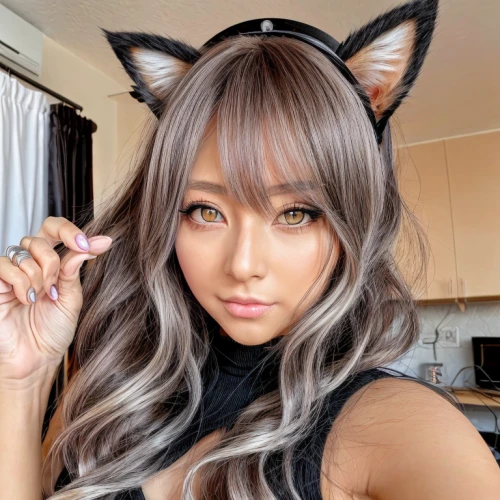 cat ears,gray kitty,feline look,halloween black cat,gray cat,cute fox,silver fox,cat eyes,asian semi-longhair,cat kawaii,fox,realdoll,cat paw mist,phuquy,adorable fox,mari makinami,cat eye,halloween 2019,halloween2019,caramel color