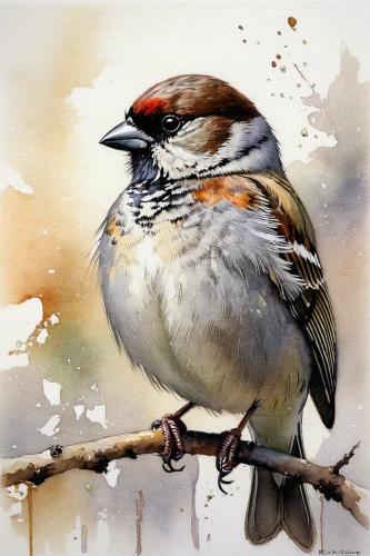 american tree sparrow,australian zebra finch,zebra finch,zebra finches,chipping sparrow,redpoll,sparrow bird,lesser redpoll,bird painting,sparrow,chestnut sparrow,watercolor bird,house sparrow,male sparrow,chestnut-backed chickadee,chestnut sided warbler,sparrows,field sparrow,carduelis,male finch,Illustration,Paper based,Paper Based 03