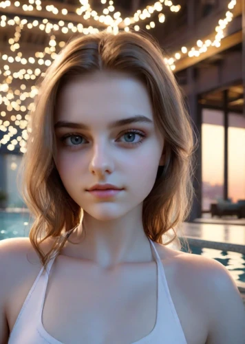 visual effect lighting,girl on the river,natural cosmetic,lily-rose melody depp,malibu,pale,background bokeh,siren,girl on the boat,bokeh effect,model doll,beach background,digital compositing,cg,female model,the blonde in the river,cgi,photoshoot with water,romantic look,girl portrait