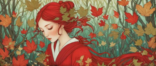 girl in a wreath,flora,red leaf,coral bells,girl in the garden,red petals,autumn flower,girl in flowers,red leaves,red magnolia,autumn idyll,the autumn,autumn,autumn icon,autumn colouring,ginger blossom,autumn leaves,red flower,autumn bouquet,flower painting,Illustration,Japanese style,Japanese Style 15