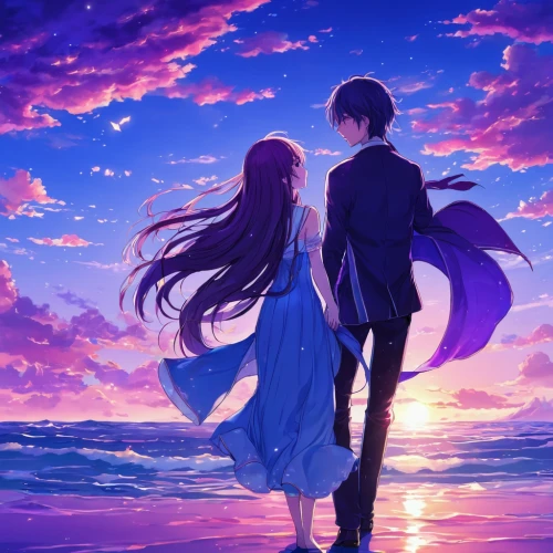 couple silhouette,dusk background,love background,twilight,the endless sea,romantic scene,sailing blue purple,ocean background,sea night,tsumugi kotobuki k-on,by the sea,world end,sea ocean,the horizon,waltz,beach background,summer sky,would a background,purple landscape,ocean,Illustration,Retro,Retro 20