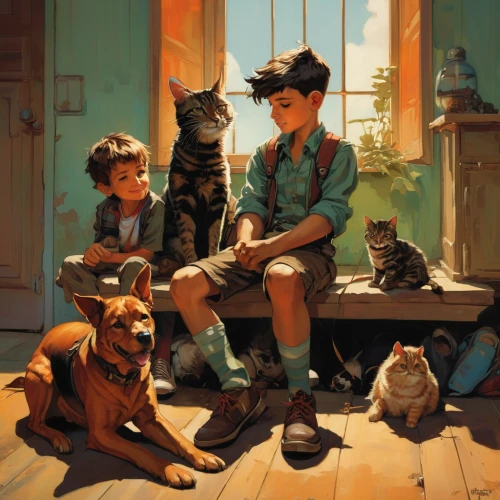 boy and dog,cat family,kids illustration,vintage children,cat's cafe,a collection of short stories for children,studio ghibli,game illustration,pets,children,children studying,childhood friends,cat lovers,children's background,strays,boy's hats,cats,vintage boy and girl,pet,tea party cat,Conceptual Art,Oil color,Oil Color 04