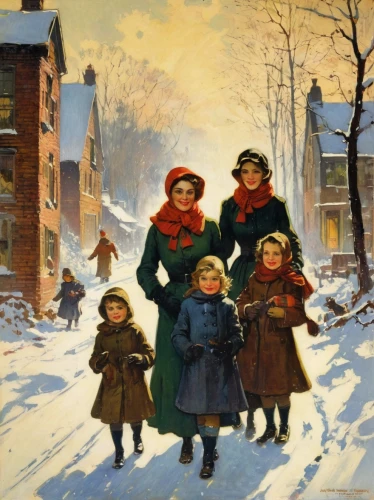 school children,walk with the children,vintage children,children,carolers,carol singers,children girls,parents with children,children's christmas,little girls walking,pictures of the children,snow scene,children drawing,children's background,the mother and children,mother with children,in the winter,children learning,russian winter,parents and children,Illustration,Paper based,Paper Based 12