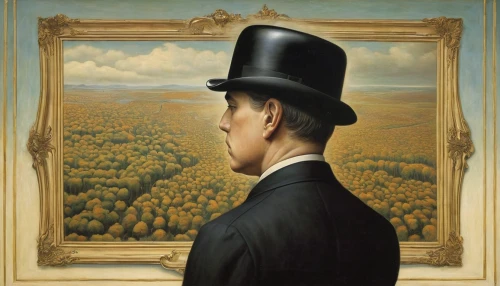 stovepipe hat,grant wood,black hat,top hat,surrealism,spectator,thinking man,artist portrait,bowler hat,standing man,men hat,man with a computer,aristocrat,self-portrait,mirror in the meadow,pork-pie hat,the hat of the woman,white-collar worker,dali,meticulous painting,Conceptual Art,Daily,Daily 11