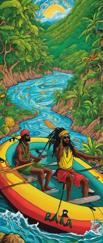 jamaica,canoes,indigenous painting,kayak,rastaman,hula,boat rapids,surf kayaking,pachamama,polynesia,kayaking,rasta flag,kayaks,rafting,cienaga de zapata,sun of jamaica,canoeing,raft,sea kayak,guanabá real,Illustration,Realistic Fantasy,Realistic Fantasy 39
