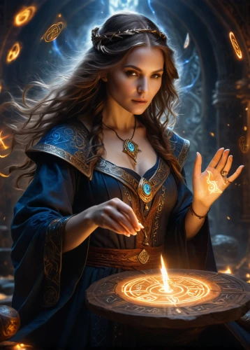 sorceress,candlemaker,divination,magic grimoire,fantasy picture,fire artist,blue enchantress,mage,fantasy art,fortune telling,spell,celebration of witches,the enchantress,mystical portrait of a girl,summoner,magical,fantasy portrait,fortune teller,magician,magic book