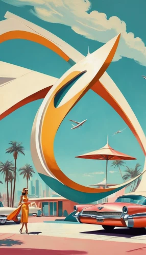 gulf,abstract retro,futuristic landscape,atomic age,retro diner,futuristic art museum,sci fiction illustration,art deco,art deco background,futuristic architecture,retro background,yas marina circuit,mid century modern,retro styled,supersonic transport,sci - fi,sci-fi,retro automobile,mid century,40 years of the 20th century,Illustration,Retro,Retro 12