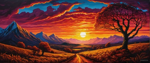 mountain sunrise,purple landscape,mountain landscape,mountain scene,volcanic landscape,desert landscape,mountainous landscape,alpine sunset,desert desert landscape,high landscape,fire mountain,landscapes,landscape background,mountain road,nature landscape,solar eruption,dune landscape,salt meadow landscape,landscape,rural landscape,Illustration,Realistic Fantasy,Realistic Fantasy 25